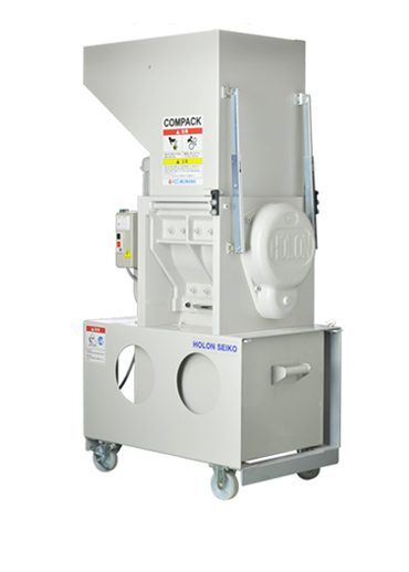 粉砕機「COMPACK」。投入ホッパーを備えたキャスター付きの本体